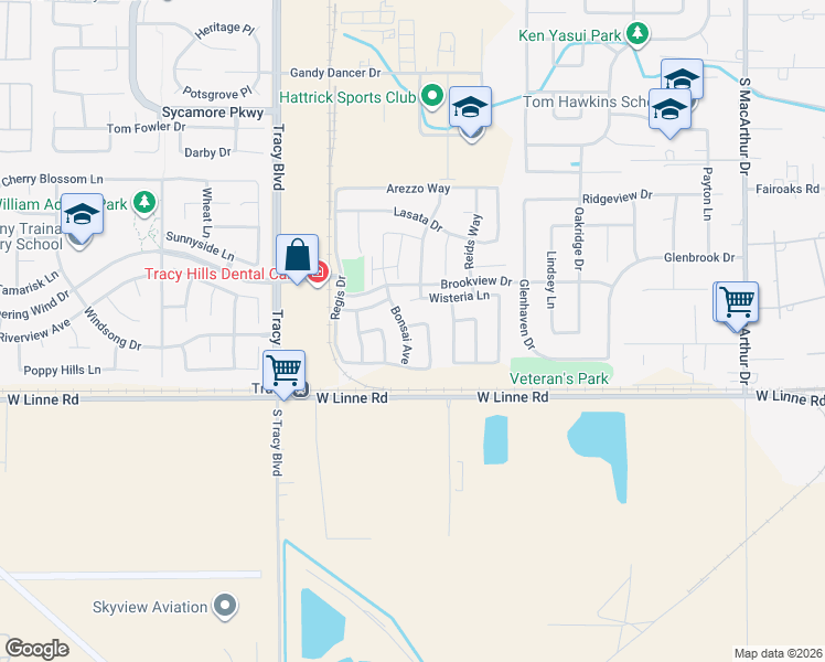 map of restaurants, bars, coffee shops, grocery stores, and more near 4608 Bonsai Avenue in Tracy
