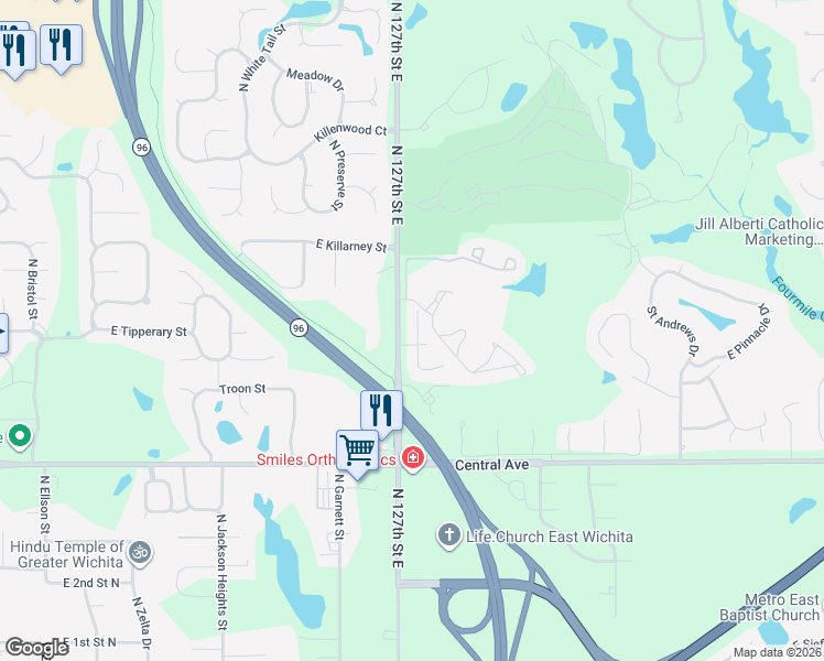 map of restaurants, bars, coffee shops, grocery stores, and more near 711-747 N 127th Street East in Wichita