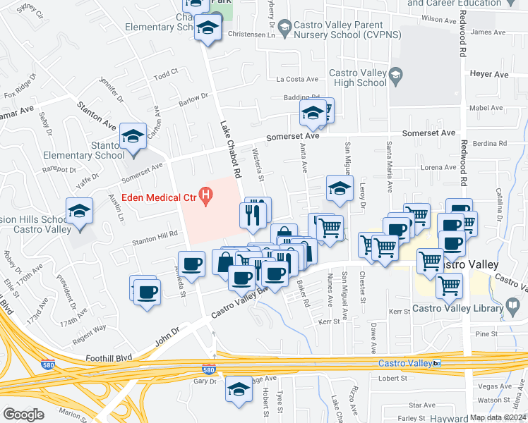 map of restaurants, bars, coffee shops, grocery stores, and more near 20175 Wisteria Street in Castro Valley