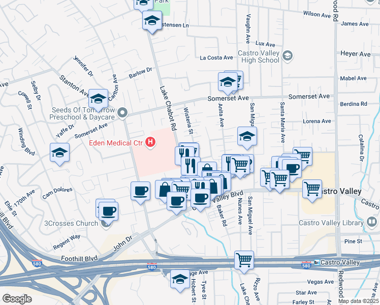 map of restaurants, bars, coffee shops, grocery stores, and more near 20187 Wisteria Street in Castro Valley
