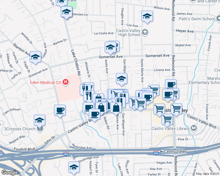 map of restaurants, bars, coffee shops, grocery stores, and more near 20257 Anita Avenue in Castro Valley