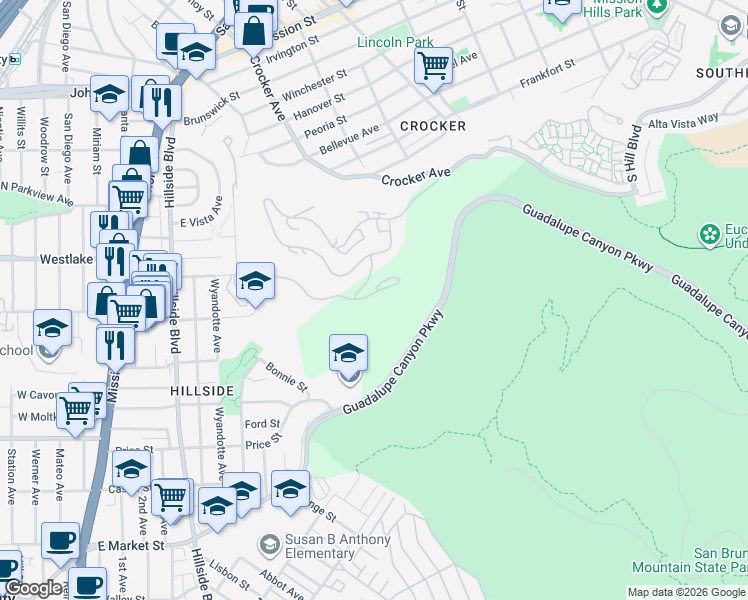 map of restaurants, bars, coffee shops, grocery stores, and more near 755 Mountain View Drive in Daly City