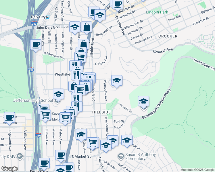 map of restaurants, bars, coffee shops, grocery stores, and more near 161 Wyandotte Avenue in Daly City