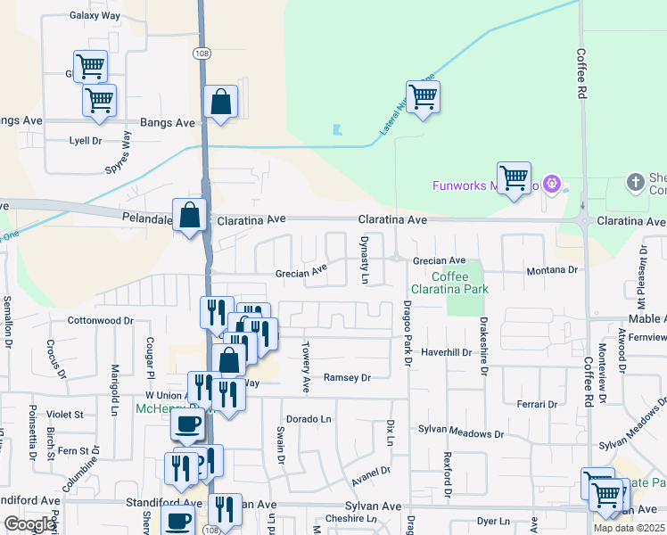 map of restaurants, bars, coffee shops, grocery stores, and more near 4112 Discovery Court in Modesto