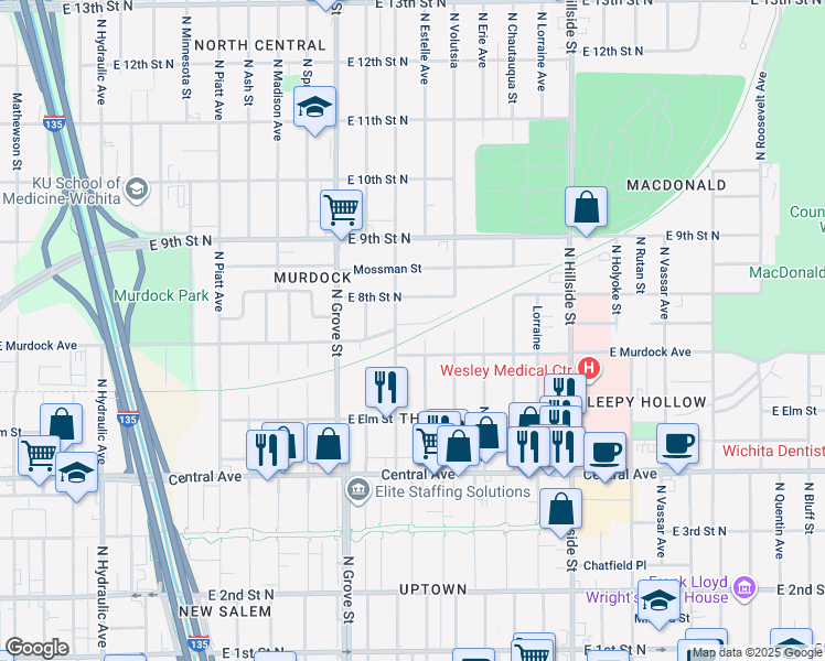 map of restaurants, bars, coffee shops, grocery stores, and more near 2621 East Orchard Street in Wichita