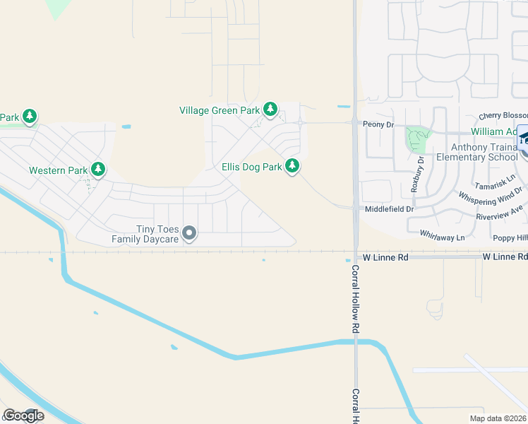 map of restaurants, bars, coffee shops, grocery stores, and more near Avalon Street in Tracy