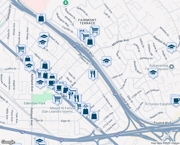 map of restaurants, bars, coffee shops, grocery stores, and more near 1654 164th Avenue in San Leandro