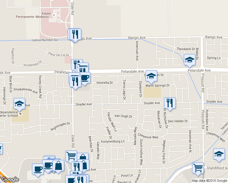 map of restaurants, bars, coffee shops, grocery stores, and more near 2712 Palazzo Court in Modesto