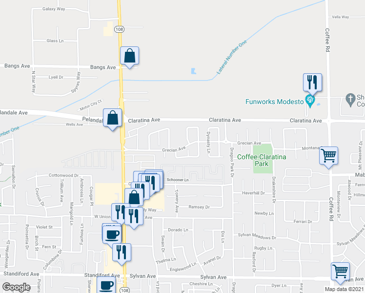 map of restaurants, bars, coffee shops, grocery stores, and more near 4112 Discovery Court in Modesto