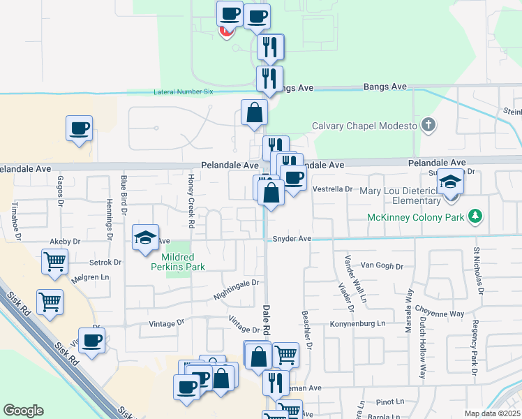 map of restaurants, bars, coffee shops, grocery stores, and more near 4040 Dale Road in Modesto