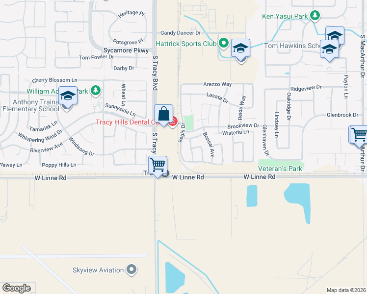map of restaurants, bars, coffee shops, grocery stores, and more near 4612 Regis Drive in Tracy