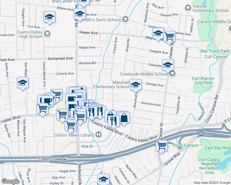map of restaurants, bars, coffee shops, grocery stores, and more near 20224 Forest Avenue in Castro Valley