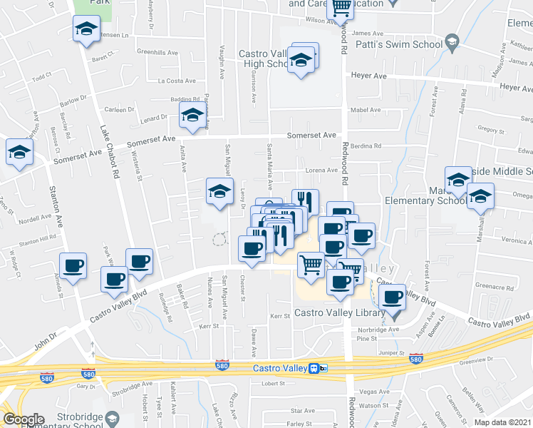 map of restaurants, bars, coffee shops, grocery stores, and more near in Castro Valley