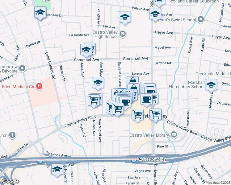 map of restaurants, bars, coffee shops, grocery stores, and more near in Castro Valley
