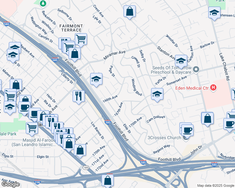 map of restaurants, bars, coffee shops, grocery stores, and more near 166TH Boulevard Court in San Leandro