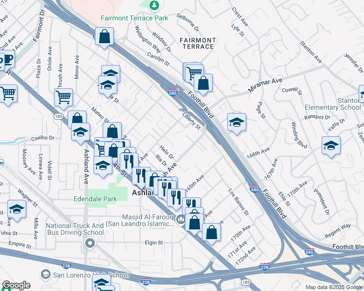 map of restaurants, bars, coffee shops, grocery stores, and more near 1581 164th Avenue in San Leandro