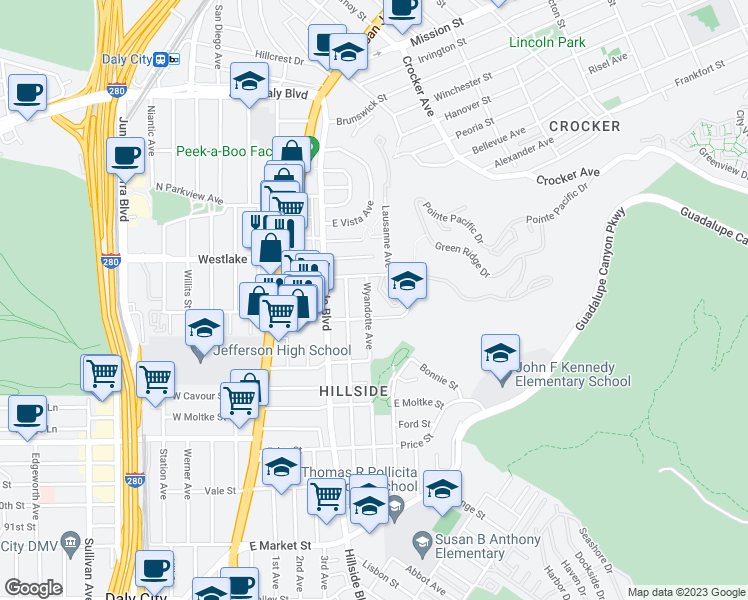 map of restaurants, bars, coffee shops, grocery stores, and more near 161 Wyandotte Avenue in Daly City