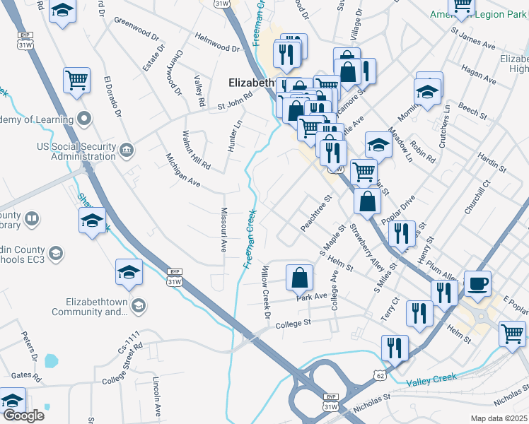 map of restaurants, bars, coffee shops, grocery stores, and more near 129 Cs-1120 in Elizabethtown