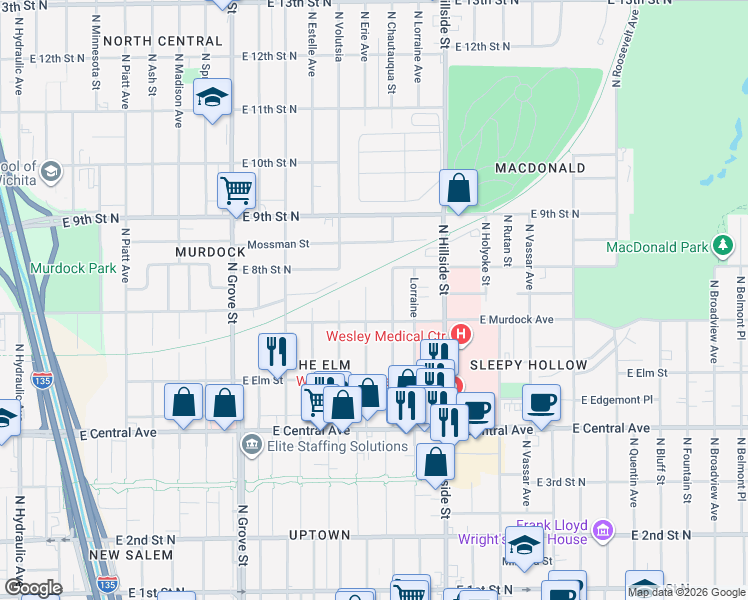 map of restaurants, bars, coffee shops, grocery stores, and more near 816 North Erie Street in Wichita