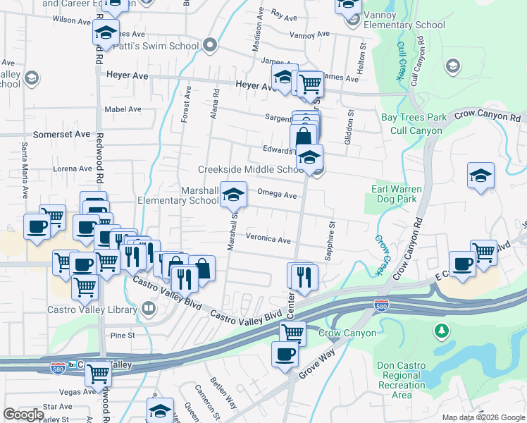 map of restaurants, bars, coffee shops, grocery stores, and more near 4247 Gem Avenue in Castro Valley