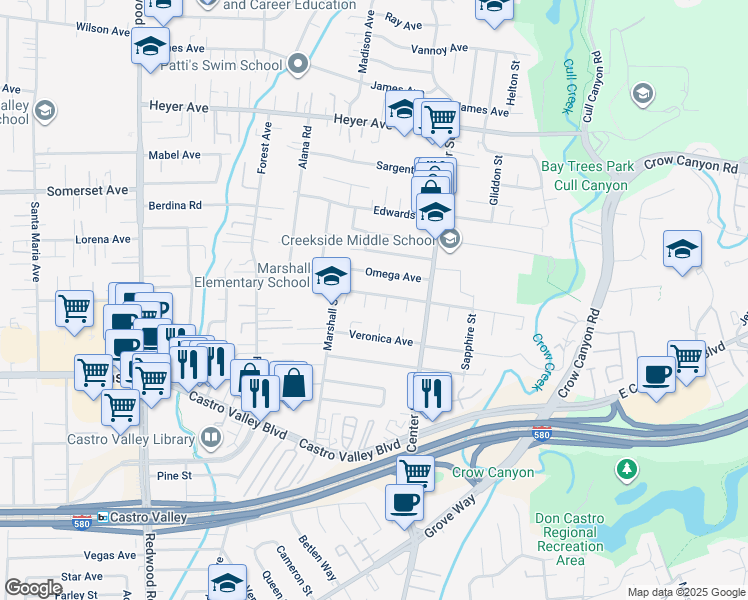map of restaurants, bars, coffee shops, grocery stores, and more near 20056 Topaz Court in Castro Valley
