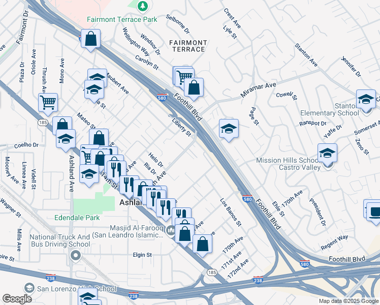 map of restaurants, bars, coffee shops, grocery stores, and more near 1626 164th Avenue in San Leandro