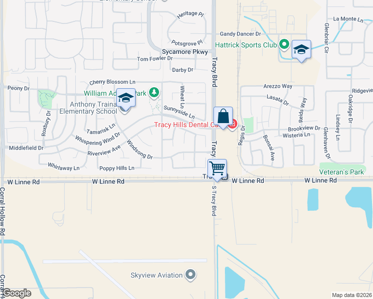map of restaurants, bars, coffee shops, grocery stores, and more near 841 Windsong Drive in Tracy