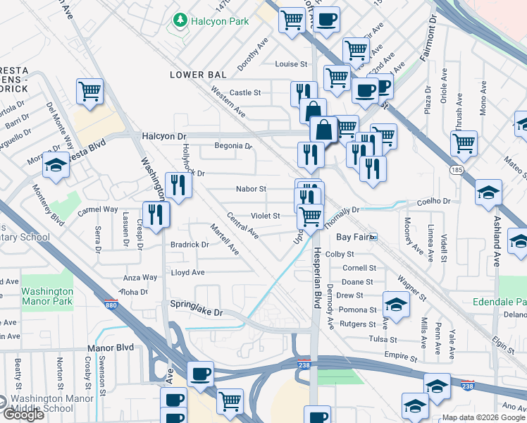 map of restaurants, bars, coffee shops, grocery stores, and more near 15229 Vera Avenue in San Leandro