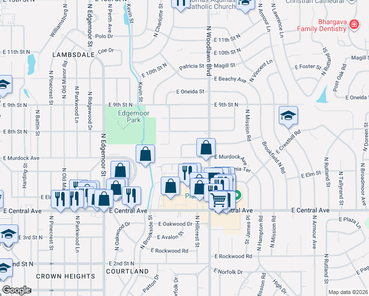 map of restaurants, bars, coffee shops, grocery stores, and more near 6227 East Marjorie Street in Wichita