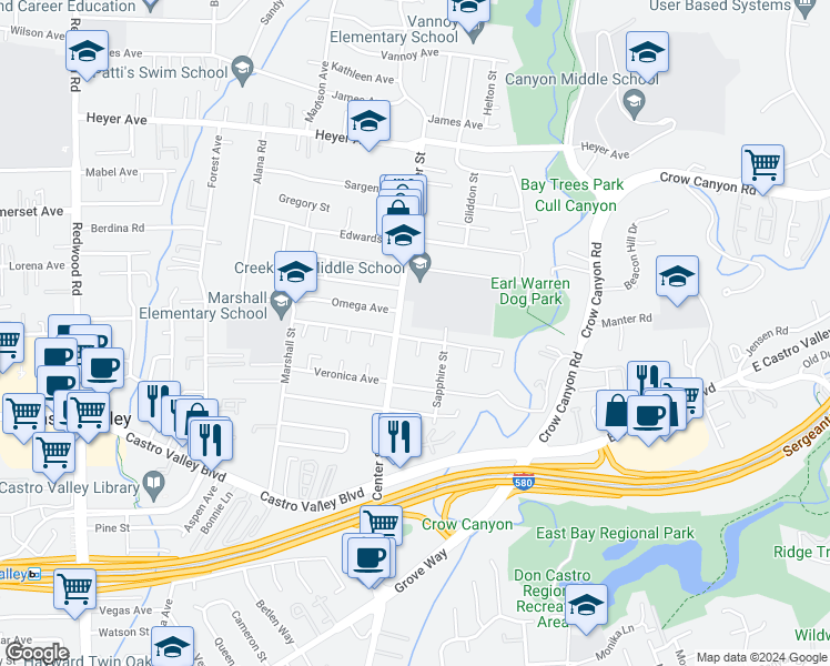 map of restaurants, bars, coffee shops, grocery stores, and more near 4328 Gem Avenue in Castro Valley