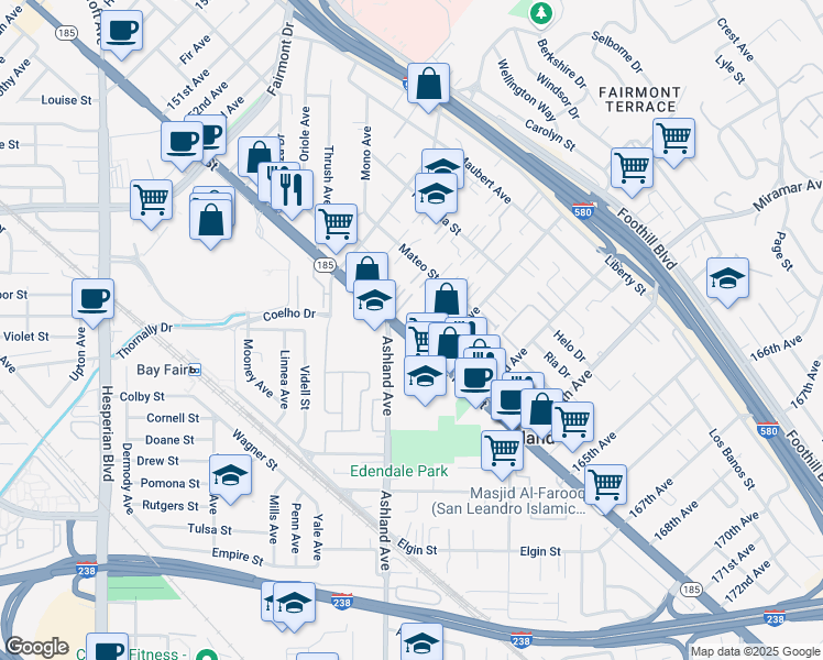 map of restaurants, bars, coffee shops, grocery stores, and more near 16104 East 14th Street in San Leandro