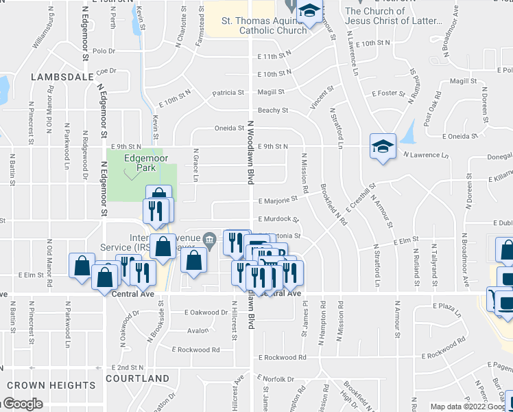 map of restaurants, bars, coffee shops, grocery stores, and more near 6411 East Marjorie Street in Wichita