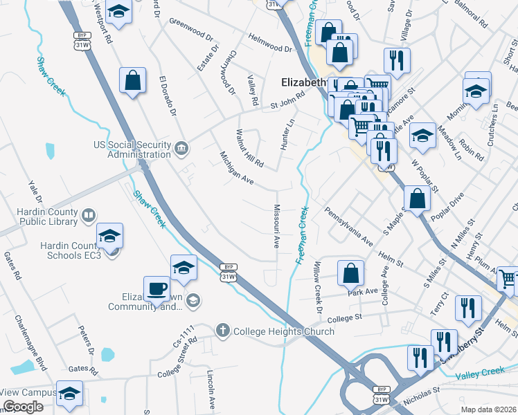 map of restaurants, bars, coffee shops, grocery stores, and more near Connecticut Court in Elizabethtown
