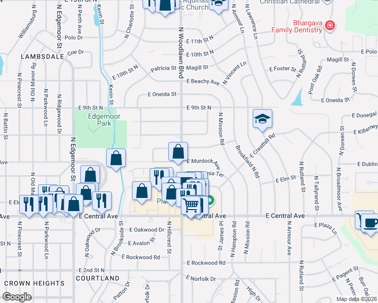 map of restaurants, bars, coffee shops, grocery stores, and more near 6411 East Marjorie Street in Wichita