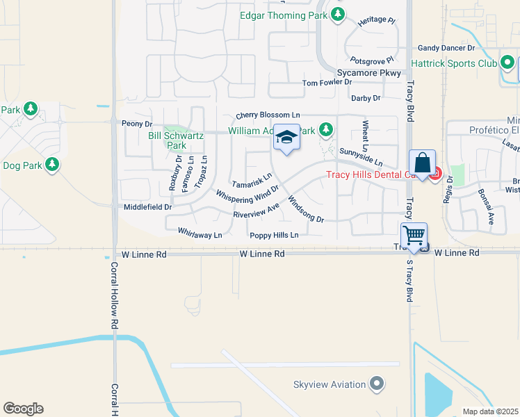 map of restaurants, bars, coffee shops, grocery stores, and more near 1531 Riverview Avenue in Tracy