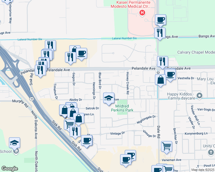 map of restaurants, bars, coffee shops, grocery stores, and more near 3312 Smokehouse Avenue in Modesto