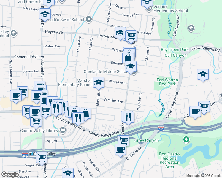 map of restaurants, bars, coffee shops, grocery stores, and more near 4247 Gem Avenue in Castro Valley
