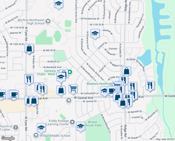 map of restaurants, bars, coffee shops, grocery stores, and more near 907 North Country Acres Avenue in Wichita