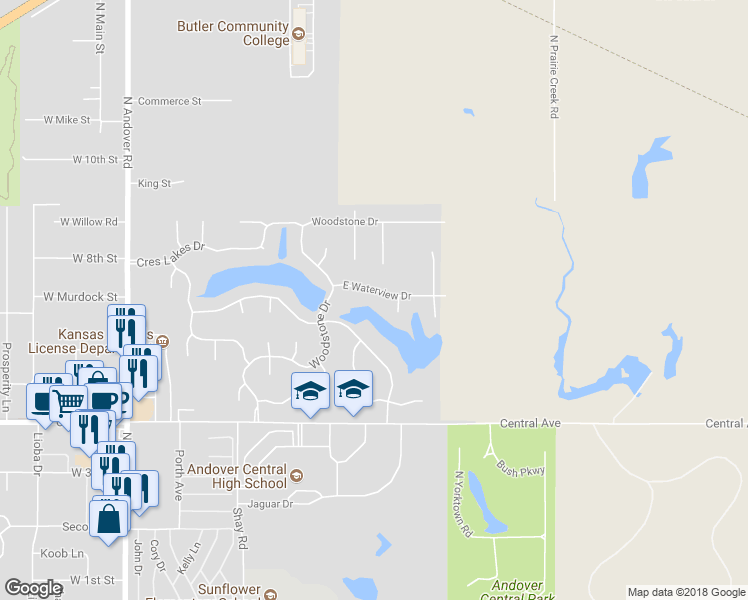 map of restaurants, bars, coffee shops, grocery stores, and more near 1005 East Waterview Drive in Andover