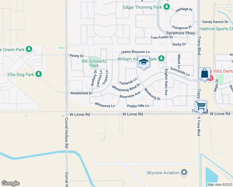 map of restaurants, bars, coffee shops, grocery stores, and more near 1631 Riverview Avenue in Tracy