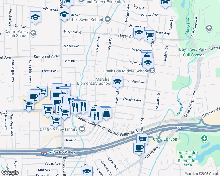 map of restaurants, bars, coffee shops, grocery stores, and more near 20111 Marshall Street in Castro Valley