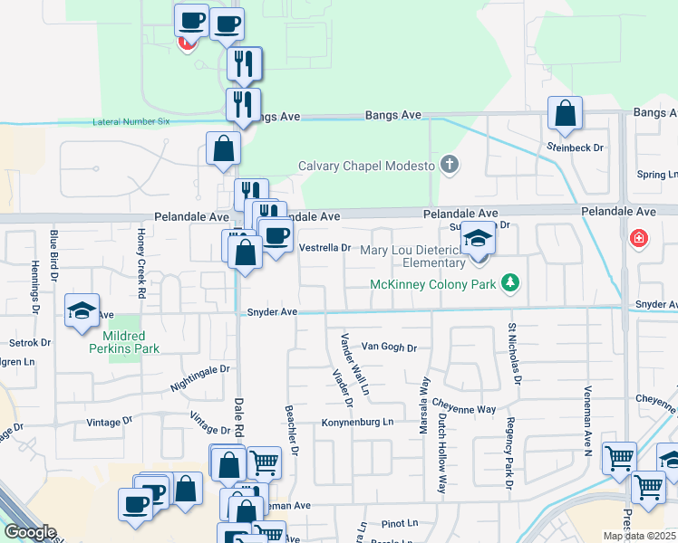 map of restaurants, bars, coffee shops, grocery stores, and more near 2801 Black Mountain Way in Modesto