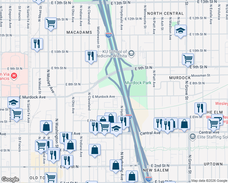 map of restaurants, bars, coffee shops, grocery stores, and more near 1600 E Murdock St in Wichita