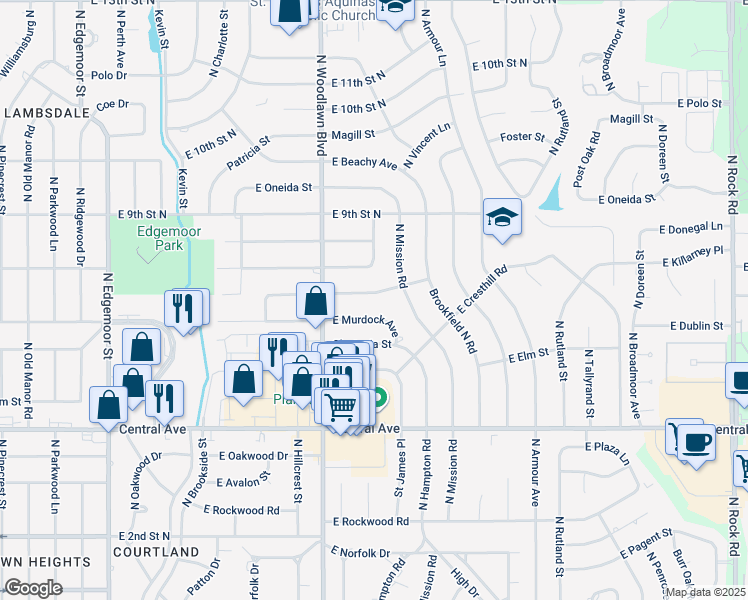 map of restaurants, bars, coffee shops, grocery stores, and more near 6519 East Marjorie Street in Wichita