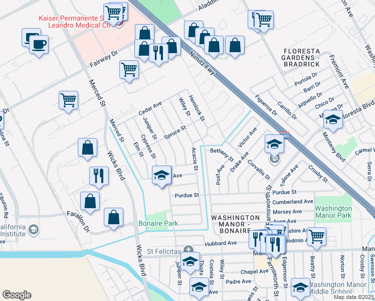 map of restaurants, bars, coffee shops, grocery stores, and more near 14622 Birch Street in San Leandro