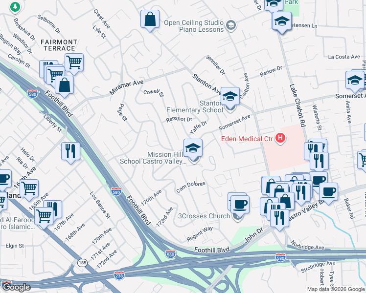 map of restaurants, bars, coffee shops, grocery stores, and more near 2320 Somerset Avenue in Castro Valley