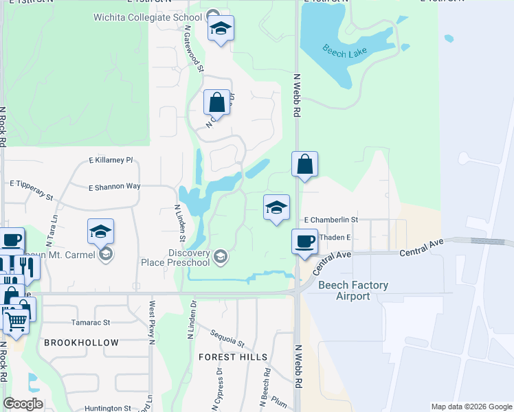 map of restaurants, bars, coffee shops, grocery stores, and more near 910 North Cypress Court in Wichita