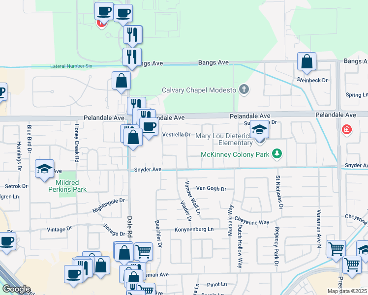map of restaurants, bars, coffee shops, grocery stores, and more near 2801 Black Mountain Way in Modesto
