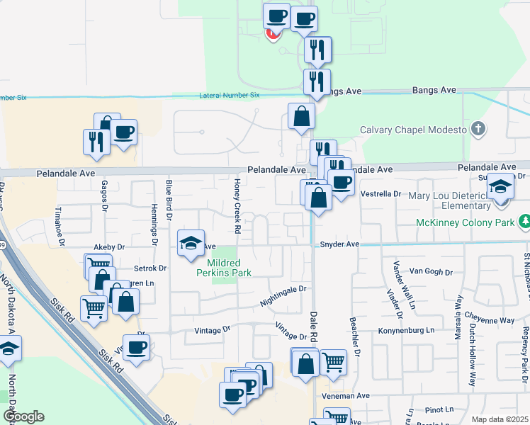map of restaurants, bars, coffee shops, grocery stores, and more near 4028 Elmo Loop in Modesto