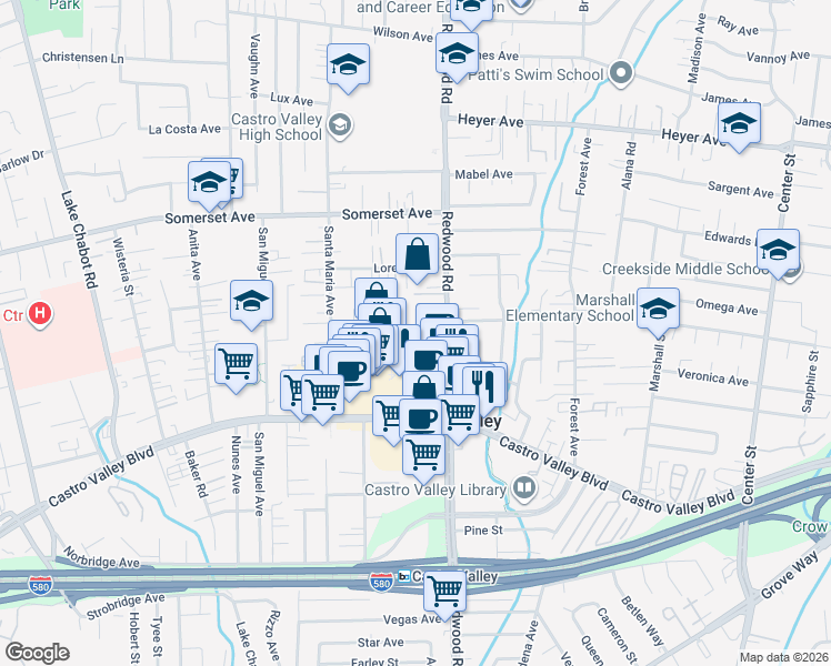 map of restaurants, bars, coffee shops, grocery stores, and more near 3649 Jamison Way in Castro Valley